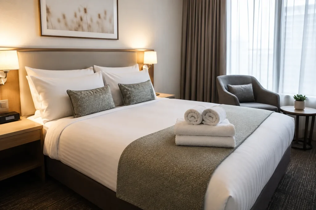 hospitality image showing a guest-ready bedroom with fresh linen.